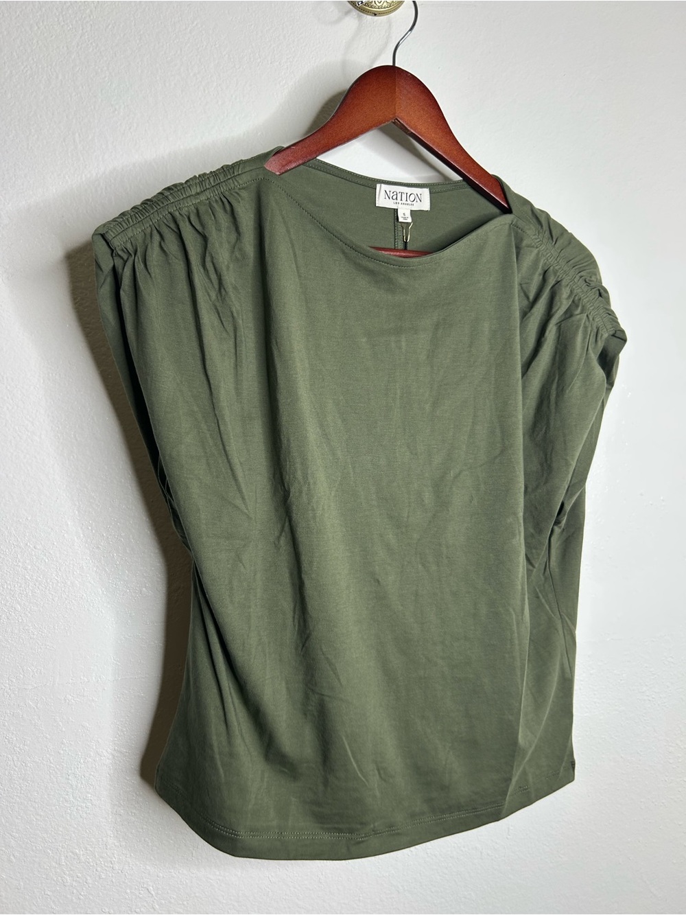 NWT Nation LA 100% Pima Cotton Rebecca Ruched Boat Neck Tee in Olive Green
